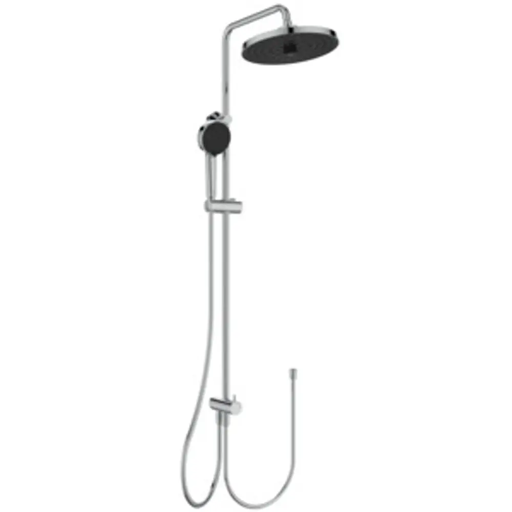 Duschsystem in Chrom mit Kopfbrause und Handbrause, montiert an einer Wand von Ideal Standard. Das System bietet eine klare und einfache Gestaltung für Badezimmer.